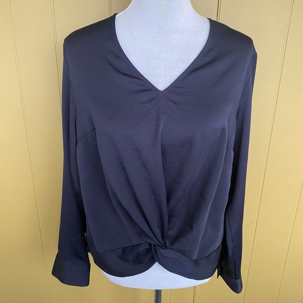 Express women L v-neck blouse w/twist front navy blue